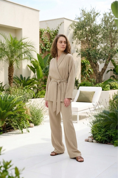 Miespiga طقم علوي وسفلي من نسيج القطن بنسبة 100% وياقة شال من الموسلين كيمونو