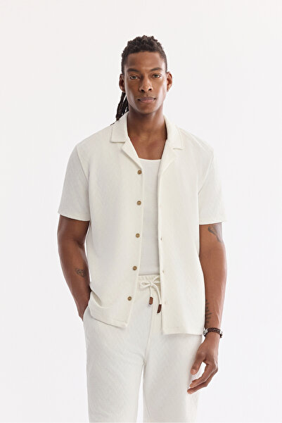 Avva Men's Ecru Apaj Collar Jacquard Easy-Iron Short Sleeve Regular Fit Shirt...