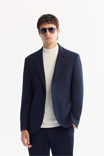 Avva Men's Navy Blue Mono Collar Bi-Stretch Lightly Textured Blazer Comfort S...