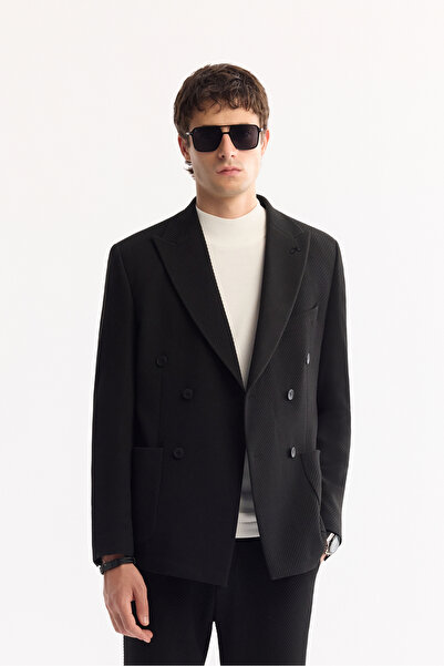 Avva Men's Black Double Breasted Collar Double Slit Unlined Blazer Jacket A52...