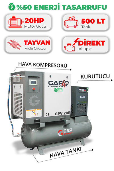 GAP KOMPRESÖR Hava Kompresörü Depo Üstü İnvertörlü Vidalı 20Hp 500Lt GPV20E