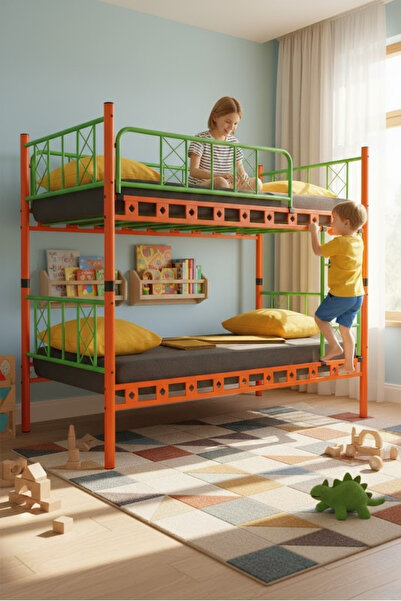 ARGİMO Carme Genç Çocuk Odası Metal Ranza Ve Karyola 90x200 Turuncu Yeşil