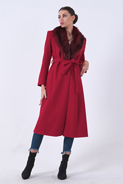 Feminist Seyyar Kürklü Astarlı Kaşe Kaban Kırmızı 0108070