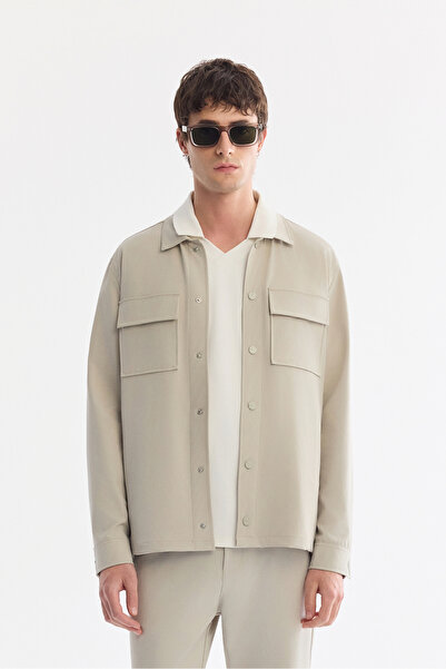 Avva Erkek Taş Klasik Yaka Teknik Kumaş Kırışmayan Comfort Fit Gömlek Ceket A...