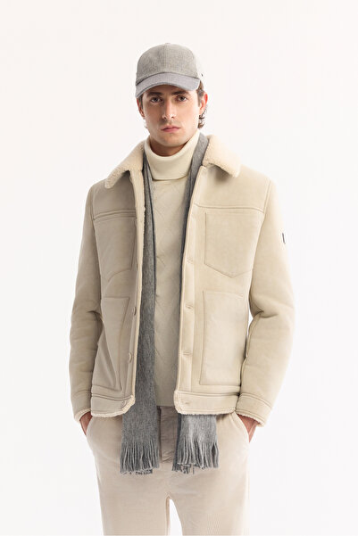 Avva Men's Ecru Fur Collar Napa Comfort Fit Coat A52Y6057