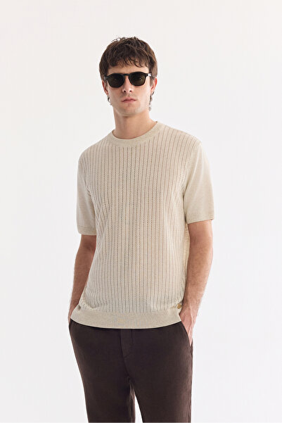 Avva Ανδρικό μπλουζάκι μπεζ με λαιμόκοψη δαντελωτή πλέξη πλεκτό A61Y5014