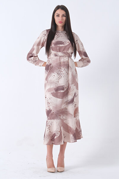 Feminist Fırça Darbesi Desenli Modern Şık Elbise Kahve 0807769