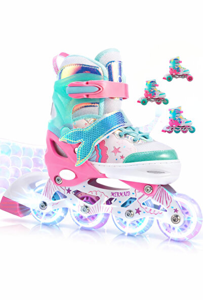 Sportaj Deniz Kızı Işıklı Paten 2+2 Kız Çocuk Pateni Silikon Teker,Taşıma Çan...