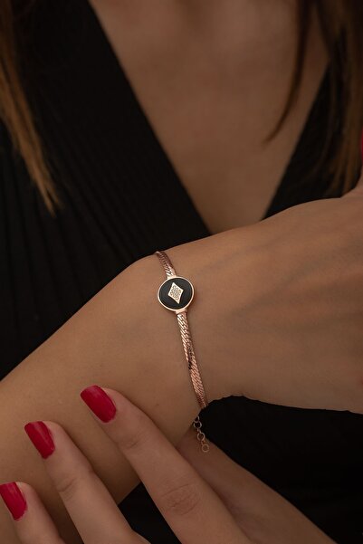 SUNSHINE 925 Ayar Rose Kaplamalı Siyah Mineli Beyaz Taşlı Italyan Zincir Gümü...