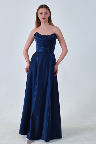 Feminist Yaka Boncuk Detaylı Drapeli Abiye Lacivert 0801087