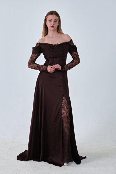 Feminist Kolları Dantel Detaylı Drapeli Abiye Kahve 9705561