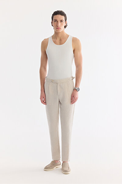 Avva Erkek Bej Klasik Bel Apolet Detaylı Gordion %100 Keten Carrot Fit Pantol...