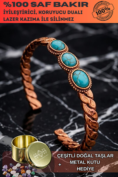 OSMANLI GÜMÜŞ Women's Copper Bracelet - Braided Model 3 Row Blue Agate Stone ...