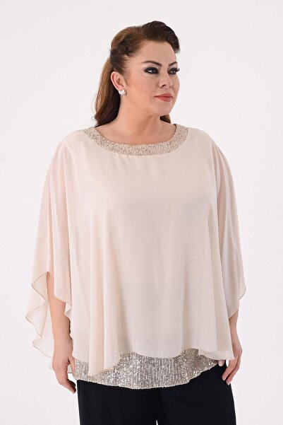 LİLAS XXL 749 Pelerin Detay Pulpayet İşlemeli Tunik