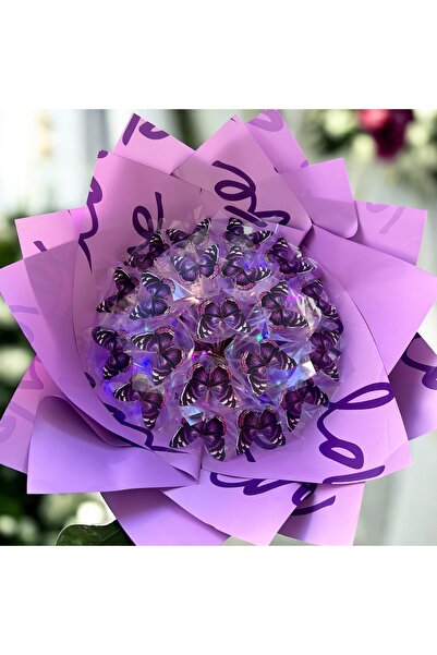 exzone Led ışıklı mor kelebek buketi Love Ambalajlı