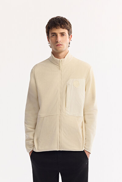 Avva Cardigan pentru bărbați Ecru guler ridicat cu injecție la tiv cu imprime...