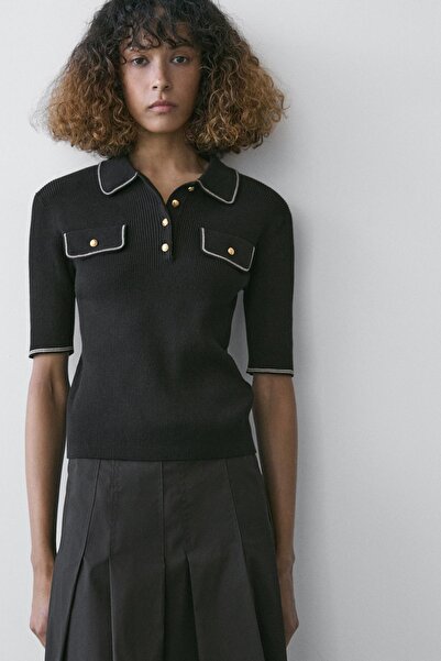 Massimo Dutti Pamuklu kontrast detaylı triko polo yaka t-shirt