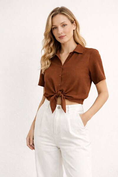 MG GİYİM STORE Kadın Kahverengi Bağlamalı Kısa Kollu Düğmeli Bluz
