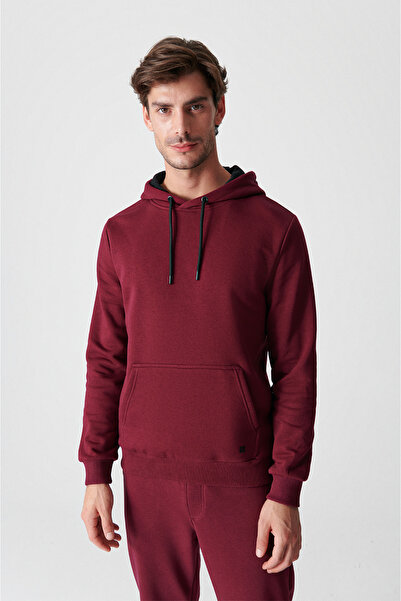 Avva Erkek Koyu Bordo Kapüşonlu 3 İplik Şardonlu Pamuklu Sweatshirt E001018