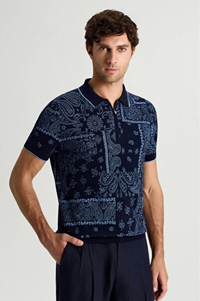 Hemington Giza Pamuk Paisley Desen Lacivert-Mavi Triko Polo