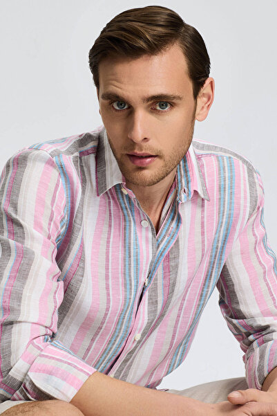 Hemington Pembe Çizgili Saf Keten Gömlek