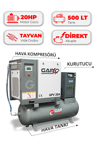GAP KOMPRESÖR Hava Kompresörü Depo Üstü Vidalı 20Hp 500Lt GPV20A
