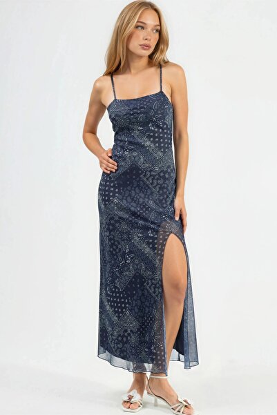 Hiccup Kare Yaka Baskılı Midi Elbise