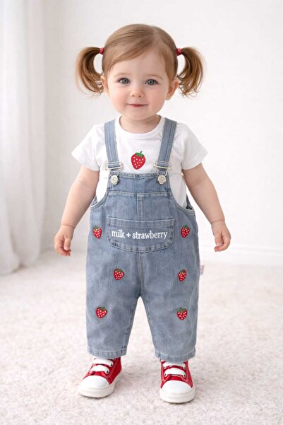 Baby Buu Minilkabebe Çilek Nakışlı Denim Kız Salopet & Body 6-24 Ay