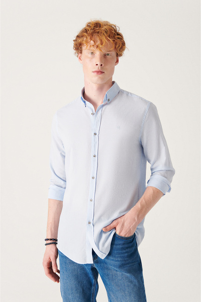 Avva Men's Blue 100% Cotton Thin Soft Button Collar Shirt E 002206
