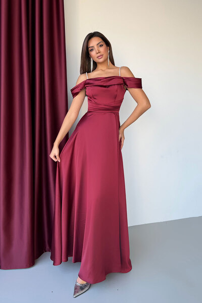 Feminist Taş Askılı Düşük Kol Saten Abiye Bordo 0806118
