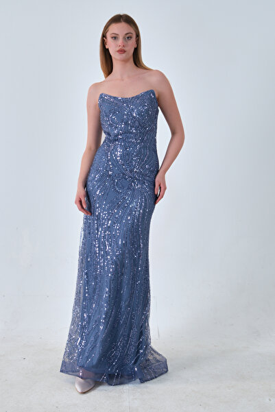 Feminist Taş İşlemeli Uzun Balık Abiye İndigo 0801056