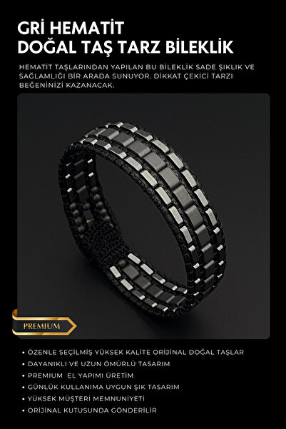 Seven Art Jewelry Doğal Taş Bileklik, Gri Hematit Taşı Tarz Bileklik, Erkek B...