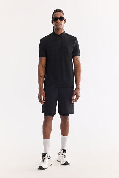 Avva قميص رجالي أسود بخصر مطاطي، مع بطانة داخلية، وجيب جانبي بسحاب، وتفاصيل ط...