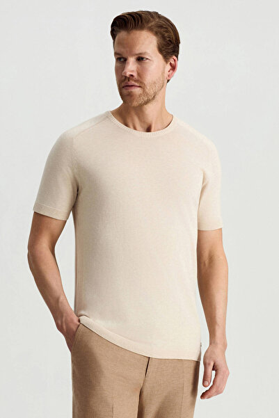 Hemington Bisiklet Yaka Krem Rengi Giza Pamuk Triko T-Shirt