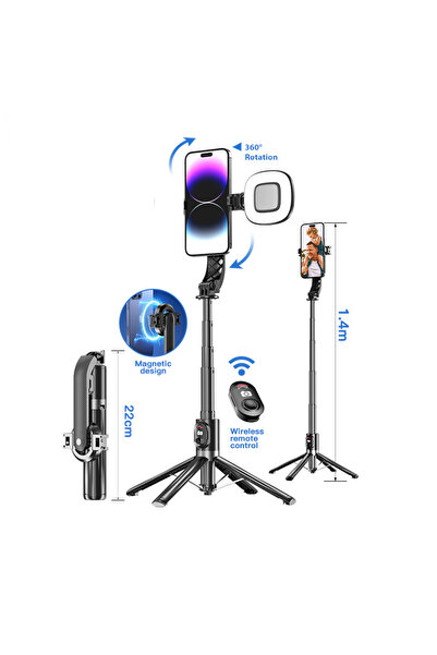 MILORI Selfie Stick Magnetic Pliabil cu Trepied, Rotatie 360°, Telecomanda Wi...