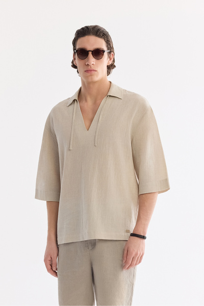 Avva Men's Stone V-Neck Cotton Linen Blend Comfort Fit Short Sleeve Shirt A61...