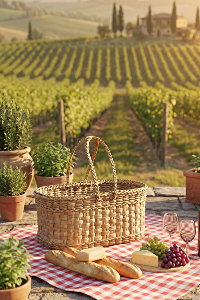 HAKİCİ Doğal El Yapımı Çok Amaçlı Hasır Kulplu Piknik Sepeti
