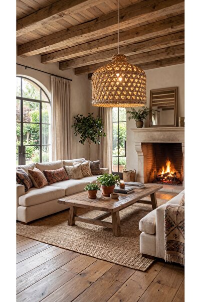 HAKİCİ El Yapımı Bambu Hasır Rattan Avize 30CM (Duy Dahil)