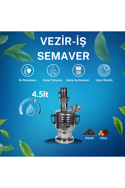 Blue Home Vezir-İş 4.5 Lt Krom Semaver | Odun & Kömürlü Piknik Semaveri | Kro...