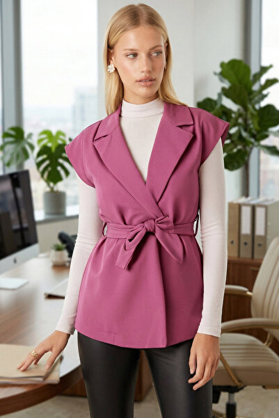 armonika Γυναικείο Dusty Rose Ανδρικό γιλέκο με λινό εμάρτυρο στυλ με ζώνη στ...