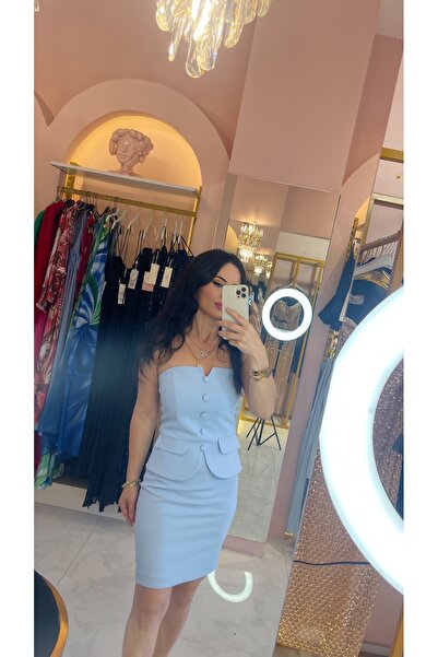 Hatice Altıntaş MAVİ STRAPLEZ DÜĞMELİ MİNİ ELBİSE