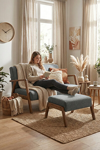 Zem Pavia Çay Seti Ceviz Ahşap, Gri (1 ADET İKİLİ BERJER 1 ADET PUF) balkon,k...