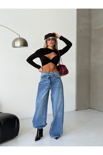 HerTon Γυναικείο τζιν με ψηλή μέση, ασύμμετρη μέση και φαρδιά μπατζάκια, από ...