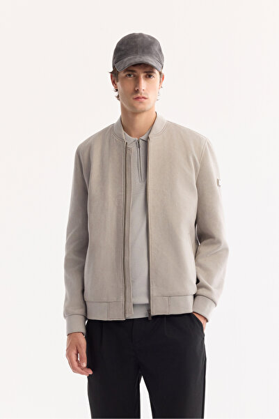 Avva معطف رجالي بياقة بومبر من الجلد السويدي ذو ملمس مريح موسمي باللون الرماد...