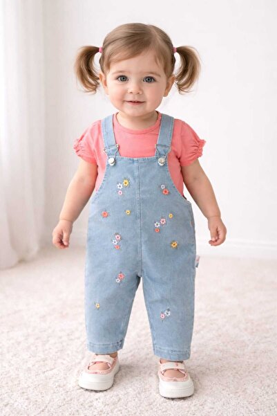 Baby Buu Minilkabebe Denim Floral Adjustable Strap Piece Girls Salopet 6-24 M...