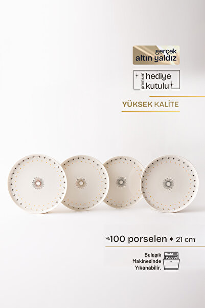 TUSE LIVING Elio Gerçek Altın Yaldızlı Güneş Desenli 4' lü Porselen Pasta Tab...