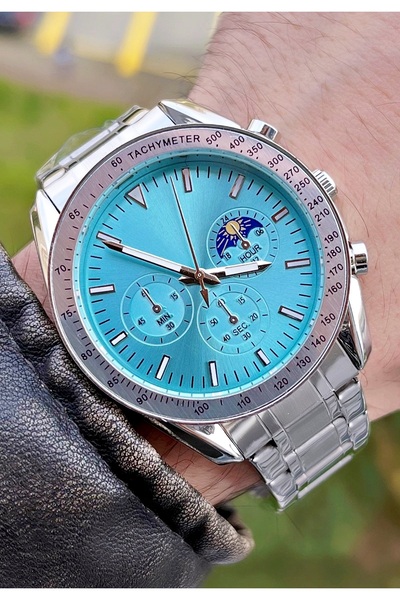 Weluxa Çelik Kordon Açık Mavi Renk Kadran 42mm Kasa Erkek Kol Saati + Saat Ku...