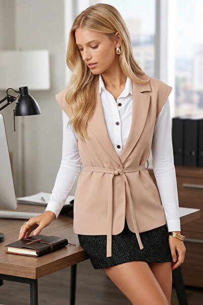 armonika Γυναικείο μπεζ ανδρικό γιλέκο με λουράκι στη μέση με λινό εμφάνιση A...