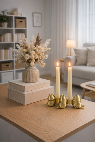 Effox Dekoratif Altın Renkli FİYONKLU 2’Lİ ŞAMDAN/MUMLUK Büyük boy