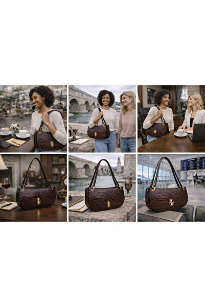 dukidasoturkiye Brown Croco Patterned Gold Lock Detailed Women's Bag Shoulder...
